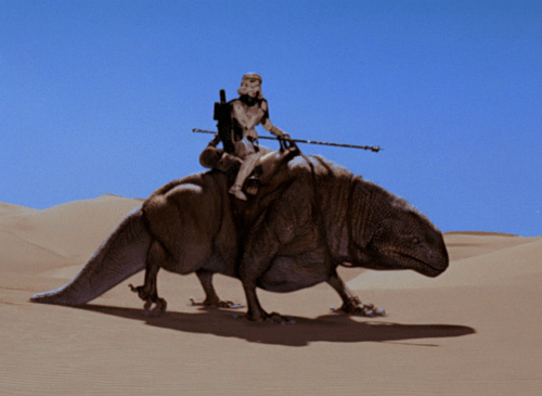 Stormtrooper on a Dewback in the Eastern Dune Sea (image source here).