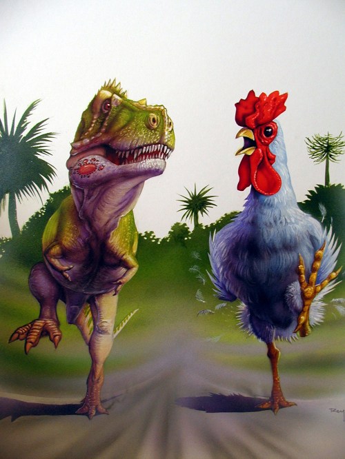 T. rex vs. chicken race, by Luis Rey
